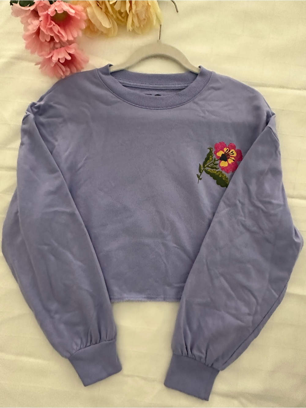 Target NWOT Lavender Cropped Sweatshirt with Pink Floral Embroidery - Picture 6 of 7